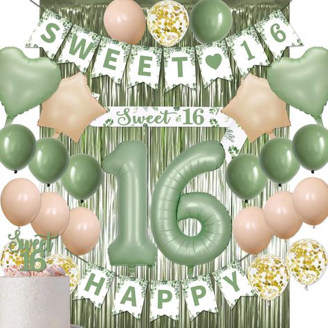 PRICES MAY VARY. 【Sweet 16th Birthday Decorations Set】The set includes a sage green “HAPPY SWEET 16” banner, a sage green “Sweet 16” sash, a sage green “Sweet 16” cake topper, a 40-inch sage green 16 number balloon, 5 x white gold confetti balloons, 14 x latex balloons(7 sage green,7 beige ), 2 x beige star balloons(18’’), 2 x sage green heart balloons(18’’) and a olive green fringe curtains, everything you need in one kit. 【Quality 16th Birthday Party Decorations】The 16th boys girls birthday ki Sweet 16 Sash, 21 Birthday Party Decorations, Sweet 16 Party Decorations, Green Balloons, 18th Birthday Decorations, 16th Birthday Decorations, Elegant Birthday Party, 21st Birthday Decorations, Woman Birthday Party