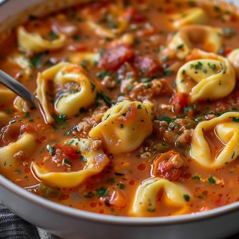 Avani Recipes | 🍅 Slow Cooker Tomato Tortellini Soup | Facebook Slow Cooker Tomato Tortellini Soup, Avani Recipes, Tomato Tortellini, Tomato Tortellini Soup, Crockpot Soup, Soup Ingredients, Canned Tomato Soup, Flavorful Vegetables, Tomato Broth