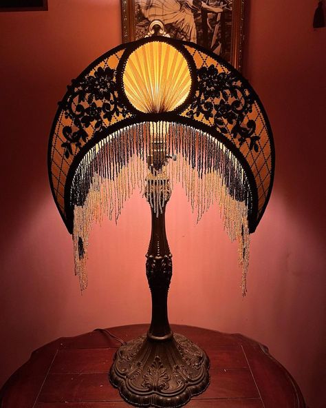 Ace of Shades (@aceofshadesshop) • Instagram photos and videos Victorian Style Lampshade, Ace Of Shades, Antique Lamps Victorian, Victorian Maximalism, Fringe Lampshade, Bridge Lamp, Victorian Lamp, Vintage Lampshades, Arm Lamp