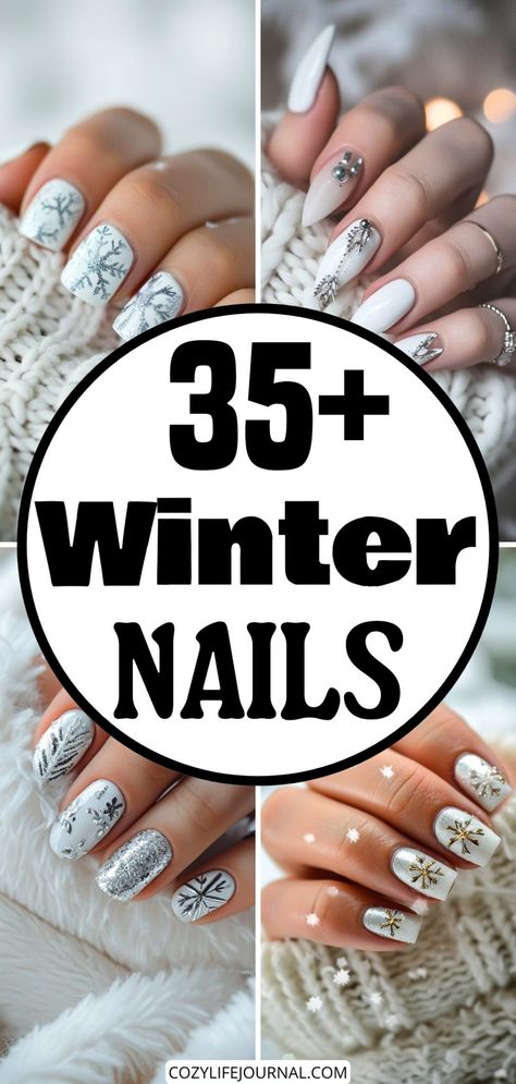 35+ winter-themed nail designs featuring snowflakes, glitter, and festive decorations. Winter Nails Gray And White, Grey And White Snowflake Nails, Winter Nailart Xmas, Mate Christmas Nails, White Christmas Manicure, Snow Flake Nails Design Simple, After Christmas Nail Designs, Winter Builder Gel Nails, Winter Luminary Nails