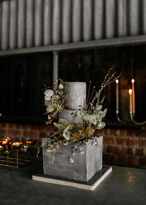 Modern Grey Concrete Wedding Cake with Moss, Eucalyptus and Twig Decor | Concrete Wedding Cake | Wedding Cake Ideas | Modern Wedding Cake | Grey Wedding Cake | Square wedding Cake | Epic Love Story Lace High Neck Wedding Dress, Industrial Wedding Cake, Concrete Wedding Cake, Concrete Cake, Twigs Decor, Concrete Wedding, Gray Wedding Cake, Industrial Chic Wedding, Desserts Ideas