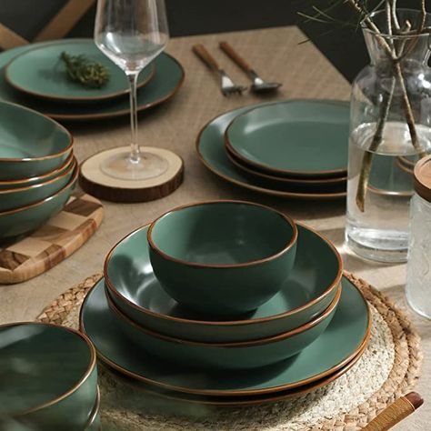 Stone lain Brasa Stoneware Dinnerware Set, 16-Piece Service for 4, Green Green Dinnerware Table Setting, Green Dishes Set, Dinner Ware Set, Green Plates Table Setting, Green Crockery, Green Dinnerware Set, Kitchen Dinner Set, Green Tablescape, Dishes Ideas