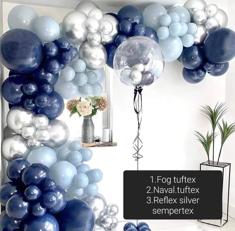 Silver Balloon Arch, Swim Banquet, Blue Graduation Party, Graduation Party Backdrops, Silver Party Decorations, Silver Balloons, Blue Party Decorations, Backdrop Diy, Blue Graduation