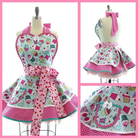 Cute cherries cupcakes apron Cupcake Fashion, Modified Clothing, Apron Cute, Cupcake Apron, Holiday Aprons, Retro Apron, Cute Aprons, Sewing Aprons, Vintage Inspired Fashion