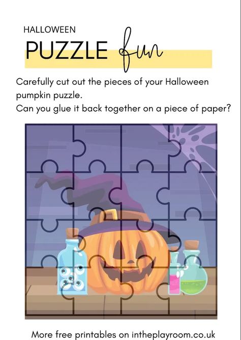 Halloween Printable Puzzle Craft - In The Playroom Paper Puzzles Free Printable, Halloween Puzzles Printables, Cute Halloween Pictures, Halloween Papercraft, Mess Free Craft, Pumpkin Sculpture, Halloween Jigsaw Puzzles, Halloween Party Craft, Flower Wall Decoration