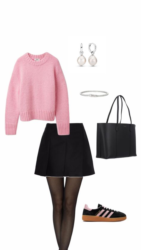 pink sweater, black skirt, adidas Pink Sweater Black Skirt, Sweater And Skirt Outfit, Black Skirt Outfits, Sweater And Skirt, Winter Fits, Skirt Outfit, Sweater Black, Black Skirt, Pink Sweater