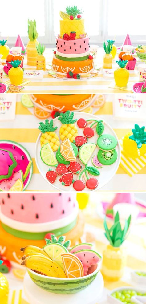 Sweet One Fruit Birthday Theme, Fruits Party Ideas, Fruit Themed Cookies, Tutti Frutti Cookies, Tuti Fruiti Birthday Party, Two Sweet Fruit Birthday Party, Fruits Birthday Theme, Fruit Themed Cake, Fruit Party Ideas