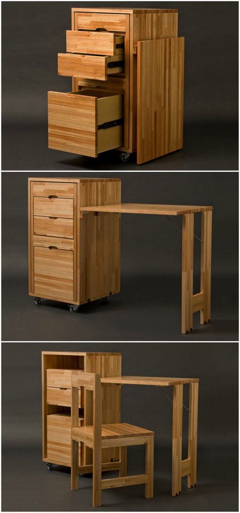 Transforming cabinet with hidden table and chairs from Claudio Sibille Double Use Furniture, Multi Functional Furniture Space Saving, Multipurpose Furniture Design, Multifunctional Furniture Design Ideas, Functional Furniture For Small Spaces, Portable Furniture Design, Multi Functional Room, Folded Furniture, Multiuse Furniture