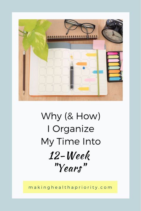 When it comes to planning your goals for the new year, it's important to have a good strategy in place. I like to organize my time into 12-week "years," a concept I learned from a book called The 12 Week Year. Learn why and how I do this, including a visual template that shows two different ways this might look in 2022. Organisation, Planning The Year, Planning For New Year, Annual Planning Meeting, The 12 Week Year Planner, Twelve Week Year, 12 Week Year Examples, Annual Planning Template, How To Plan Your Year