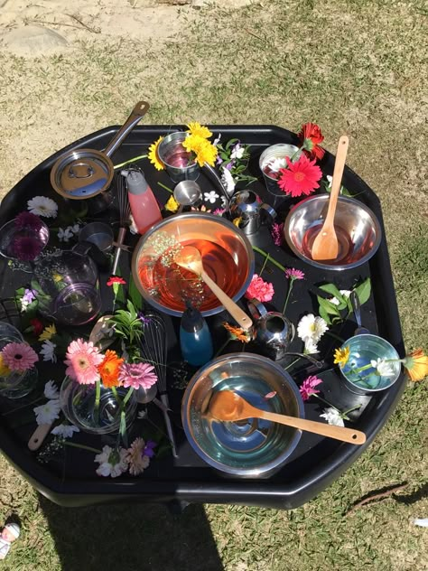 Pre Kindy Room Ideas, Sensory Kitchen Ideas, Nature Sensory Table, Toddler Reggio Activities, Flower Tuff Tray Ideas, Baby Room Garden Ideas Eyfs, Natural Eyfs Environment, Garden Centre Role Play Eyfs, Gardening Provocation