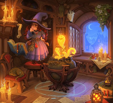 Magical Workshop Concept Art, Witch Lair Concept Art, Witches Cabin, Witch House Interior, Witch Hut, Witch Room, Witch Characters, Witch Cottage, 동화 삽화