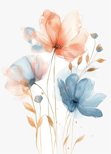 The image is a watercolor painting of flowers. There are three main flowers, two of which are pink and one is blue ->> more details in ai-img-gen.com Delicate Watercolor Flowers, Painting Procreate, Painting Of Flowers, Line Art Flowers, Three Flowers, Flower Painting Canvas, Pink And White Flowers, Watercolor Flowers Paintings, Unique Paintings