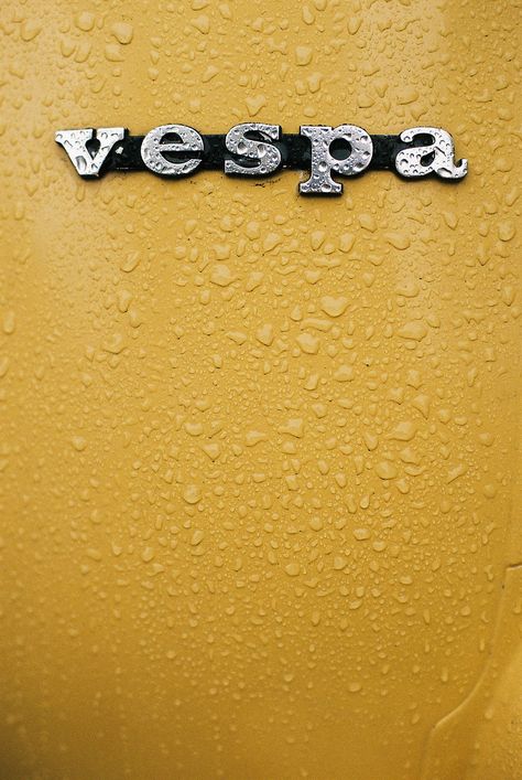 Vespa in the rain. Yellow Vespa, Vespa Motor Scooters, Vespa Logo, Italian Scooter, Yellow Pastel, Lambretta Scooter, Piaggio Vespa, Yellow Bee, Vespa Vintage