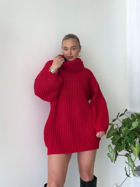 Details: Turtleneck sweater dress Chunky knit Oversized Ribbed Wide sleeves Size Fit: Model is... Turtleneck Under Dress, Crochet Winter Dresses, Flame Sweater, Sweater Dress With Tights, Curvy Winter Outfits, Chunky Sweater Dress, Winter Sweaters Oversized, Orange Sweater Dress, Chunky Knit Sweaters