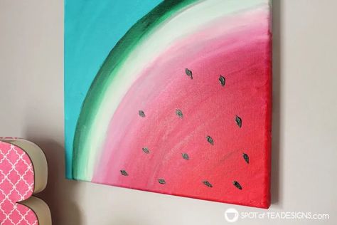 Watermelon canvas art featuring @Decoart_inc Americana Premium Paints | spotofteadesigns.com Painting Ideas On Canvas Acrylic, Americana Paint, Spongebob Painting, Easy Painting Ideas On Canvas, Easy Painting Ideas, Learn Watercolor, Summer Painting, Tea Design, Rock Painting Ideas Easy