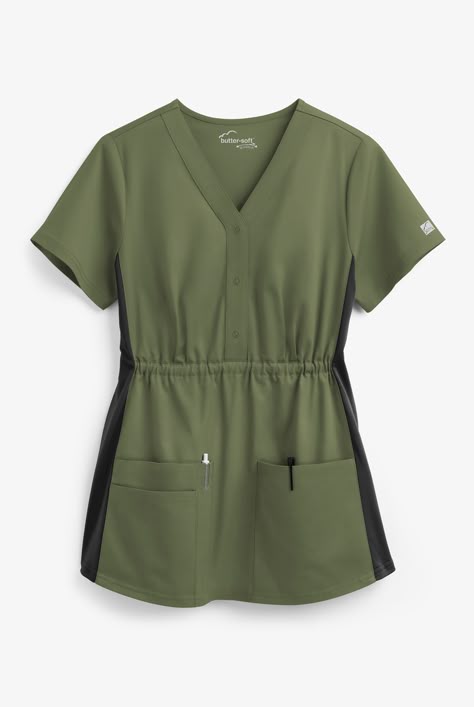 Made for mothers-to-be, our maternity scrub top has the same buttery-soft feel as the rest of our collection with plenty of room to grow! Empire waist and shirring make for the best fit throughout your pregnancy. Each piece in our Butter-soft Stretch scrub collection was designed for 12+ hour shifts, and made from easy-care, 2-way stretch comfort fabric. • Modern fit • V-neck • 3-snap placket closure • Empire waist • Total of 4 pockets • 2 front pockets • 1 small iems pocket • 1 pen pocket • Sho Scrub Tops Pattern, Maternity Scrub Top, Nursing Jackets, Nurse Outfit Scrubs, Medical Scrubs Fashion, Scrub Collection, Scrubs Pattern, Maternity Scrubs, Medical Scrubs Outfit