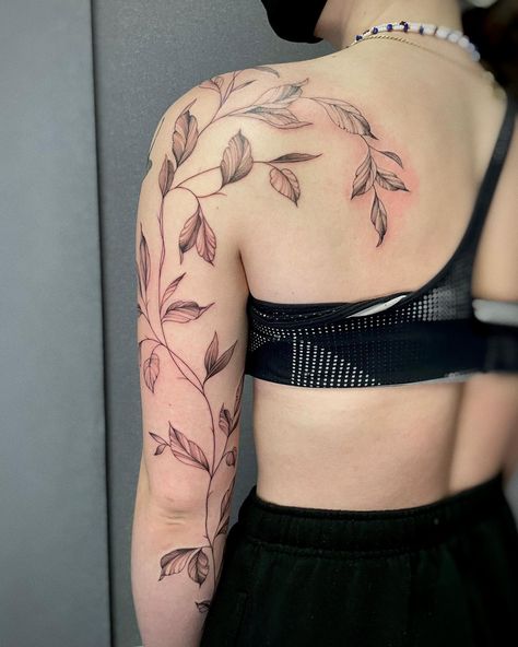 Leave Tattoo Sleeve, Shoulder Arm Vine Tattoo, Upper Arm Tattoos For Women Vines, Leaves Upper Arm Tattoo, Sleeve Leaves Tattoo, Vine Up The Arm Tattoo, Wrap Leaf Tattoo Arm, Leaves Arm Tattoos For Women, Back Of Arm Shoulder Tattoo