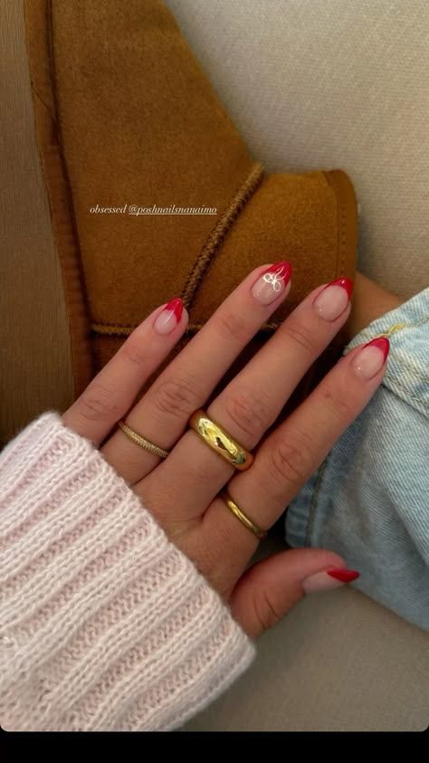 Fun Nail Designs Winter, Red Fresh Tip Nails, Red Shirt Nails Ideas, Hoco Nails To Go With A Red Dress, Gel X Fall Nail Designs, Simple Christmas Nails Almond Shape, Nail Designs On Natural Nails Short, Red Nails Hoco, Nails With French Tip Design