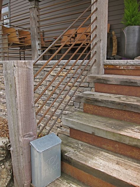 Rebar Railing, Deck Railing Diy, Exterior Stair Railing, Rustic Deck, Diy Stair Railing, Danielle Johnson, Front Porch Railings, Outdoor Stair Railing, Decorating Your Kitchen