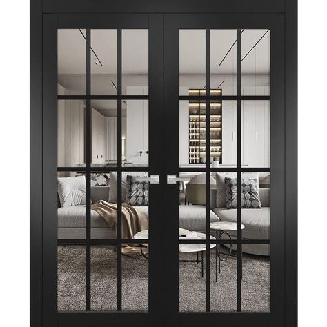 Arrives by Wed, Jul 19 Buy Solid French Double Doors | Felicia 3355 Matte Black with Clear Glass | Wood Solid Panel Frame Trims | Closet Bedroom Sturdy Doors at Walmart.com French Pocket Doors, Transitional Interior Doors, Double Pocket Doors, Pocket Door Frame, French Double Doors, Wood French Doors, European Doors, Soft Opening, House Updates