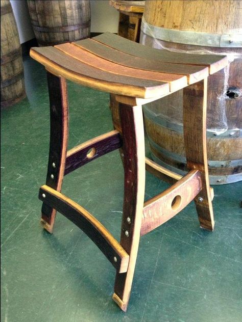 A beautiful chair made only of wine barrel staves. This gorgeous piece is heavily polyurethaned so it can be used indoors or outdoors. It stands about 22 inches tall. Barrel Bar Stools, Wine Barrel Bar Stools, Stave Projects, Barrel Tables, Wooden Kitchen Stools, Barrel Crafts, Wine Barrel Art, Wine Barrel Chairs, Whiskey Barrel Bar