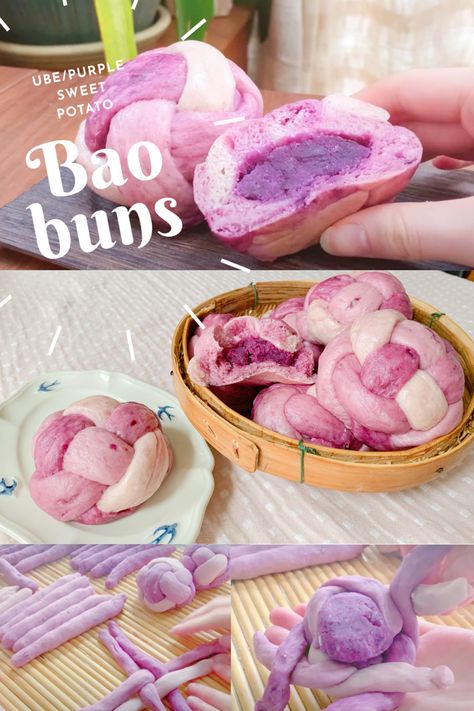 Sweet steamed bao buns are the perfect chinese breakfast or snack idea. Ube dessers/ purple sweet potato desserts are the best and I hope this gives you an idea for a cute dessert to make with them. Gorgeous design and such a colourful food to look at and enjoy! Traditional chinese food but with a unique twist! Steamed Sweet Buns, Chinese Bao Buns, Dessert Bao Bun, Traditional Chinese Sweets, Putopao Recipe, Cute Asian Desserts, Chinese Sweet Bread, Purple Sweet Potato Dessert, Ube Desserts Recipes Easy