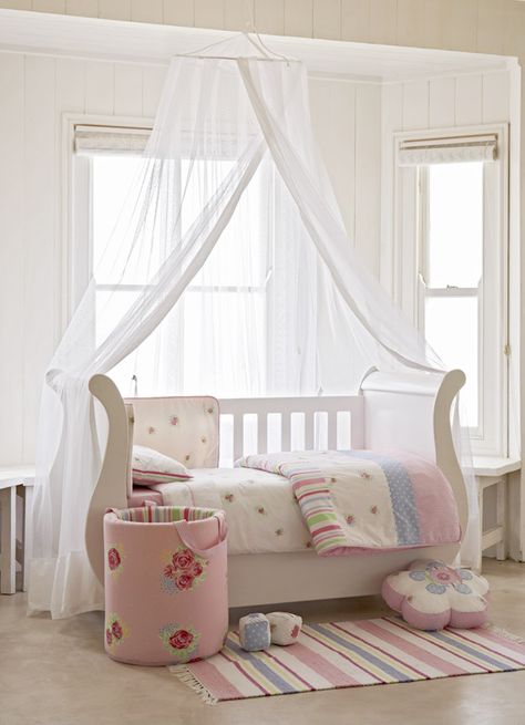 Beautiful classic sleigh cot with mosquito net. View it on our website www.treehouseonline.co.za Sleigh Cot Bed, Sleigh Cot, Baby Room Inspiration, Girly Room, Nursery Crib, Cot Bedding, Pink Nursery, Mosquito Net, Nursery Furniture