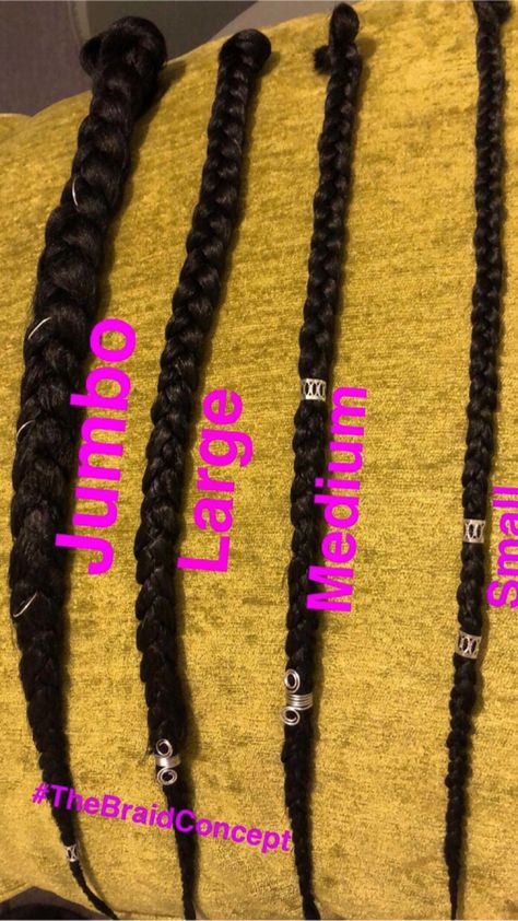 Braid chart  Braids  Jumbo braids  Box braids Braids sizes Jumbo Box Braids Waist Length, Box Braids Sizes Chart, Different Box Braid Sizes, Different Kinds Of Box Braids, Braid Sizes Chart, 12 Jumbo Box Braids, Different Braid Sizes, Sizes Of Box Braids, Different Size Box Braids