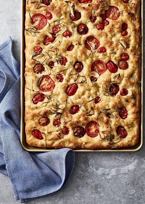 Tomato Focaccia with Garlic Rosemary Oil Tomato Focaccia, Silpat Mat, Focaccia Bread, Savoury Baking, Rosemary Oil, Pan Pizza, Williams Sonoma, Bite Size, Fresh Produce