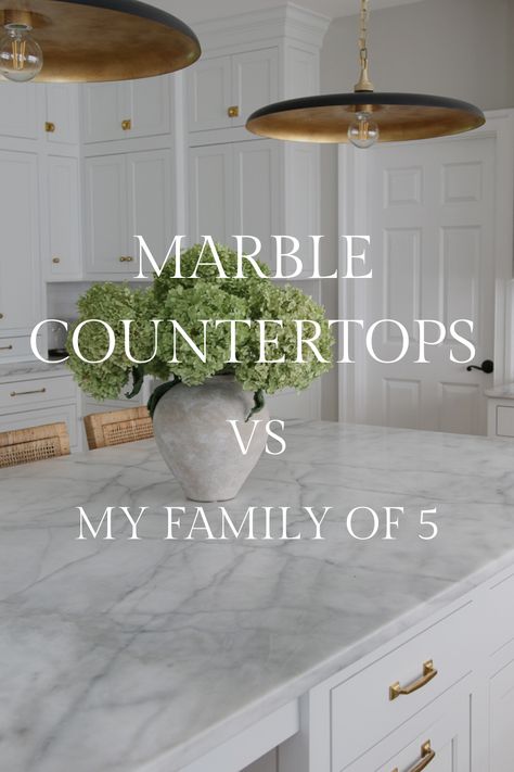 See how my marble countertops have stood up to my family of 5! Love the look of marble but are scared to actually install them? There are a few things you need to consider... Sealing Marble Countertops, Marble Bench Top Kitchen, Backsplash Ideas With Marble Countertops, Timeless Bathroom Countertops, Kitchen Carrara Marble, House Marble Design, Contrast Countertops Kitchen, Soapstone Perimeter Marble Island, Bold Marble Countertops