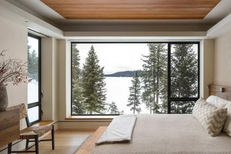 Lakefront Cliff House Design with Rocks Integrated into Interior Design and Spectacular Windows Contemporary Window Design, Modern Cliff House, Contemporary Window, Modern Lake House, Cliff House, Modern Window, Cabinetry Design, Bunk House, Waterfront Homes