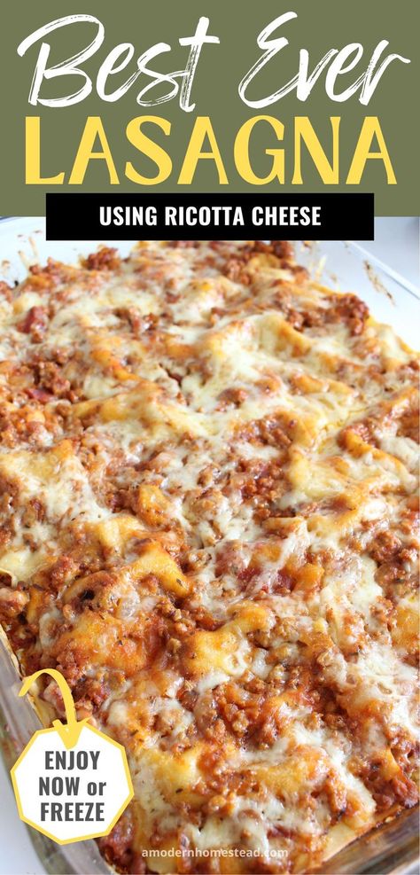 dish of homemade lasagna with text that says best ever homemade lasagna enjoy now or freeze Ground Beef Lasagna Recipe, Lasagna With Ricotta Cheese, Easy Lasagna Recipe With Ricotta, Cheese Lasagna Recipe, Easy Homemade Lasagna, Beef Lasagna Recipe, Lasagna With Ricotta, Homemade Lasagna Recipes, Lasagna Recipe With Ricotta