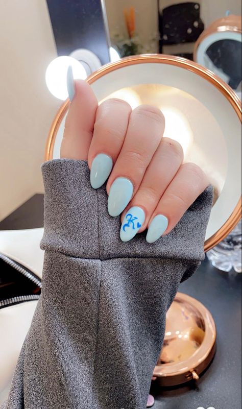 Blue Nails Ideas With Initial, Letter K Nail Design, Nails With Letter And Heart, Letter Nail Designs Initials Blue, Letters Nails Design, Letter K Nails Art Designs, Blue Acrylic Nails With Initials On Them, Initial K On Nails, French Tip With Letter On Ring Finger