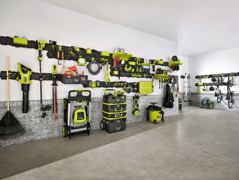 Ryobi Wall Storage, Ryobi Yard Tool Storage, Ryobi Tool Organization, Ryobi Link Storage Ideas, Ryobi Link Storage, Ryobi Garage Organization, Ryobi Link Ideas, Ryobi Organization, Ryobi Storage