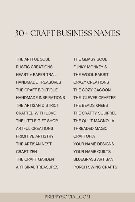 Looking for craft business names? Check out these 35 incredibly creative craft business names. Printing Name Ideas, Junk Case Business Names, Crochet Account Name Ideas, Pretty Business Names, Names For Craft Business, Beads Business Names, Cricut Business Names, Small Buissnes Names, Gift Business Name Ideas