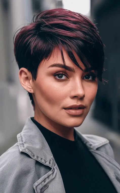 26 Fabulous Hair Color Ideas for Short Dark Hair Short Dark Pixie Hairstyles, Black Pixie With Highlights, Pixie Brunette Hair With Highlights, Short Black Hair With Blonde Highlights, Pixie Highlights Brunette, Dark Pixie Haircut, Fall Hair Color Short Hair, Short Brunette Hair Cuts, Short Hair With Eyeglasses