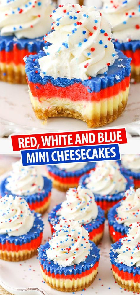 Patriotic Cheesecake Bites, Red White And Blue Cheesecake Dessert, 4th Of July Food Cheesecake, 4th Of July Desserts Homemade, Foods To Make For Fourth Of July, Red White And Blue No Bake Cheesecake, Deserts Recipes 4th Of July, 4th Of July Party Snack Ideas, Red White And Blue Cheesecake Bars