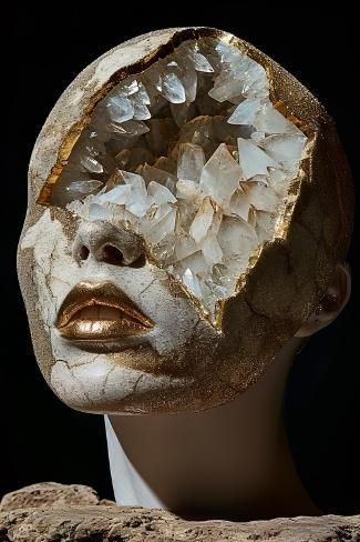 size: 12x8in Photographic Print: Geode Portrait 1 by Bilge Paksoylu : Crystal On Face, Crystal Cave Aesthetic, Geode Drawing, Geode Aesthetic, Geode Sculpture, Illusional Art, Aging Art, Gems Aesthetic, Otherworldly Aesthetic