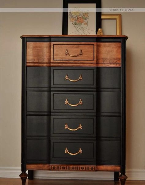 Chest Of Drawers Into Bookcase, Black Furniture Paint Color, Diy Bedroom Makeover On A Budget, Painted Bedroom Furniture Ideas Colour, Dresser Flips Before After, Bedroom Furniture Makeover Ideas, Dipped Dresser, Refinish Dresser, Floating Nightstand Ideas