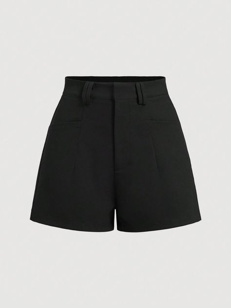 Black Casual Collar  Woven Fabric Plain Track Shorts Embellished Non-Stretch  Women Clothing Slack Shorts, Black Dress Shorts, Video Filming, Virgo Rising, Black Boyfriend, Short Noir, Women Summer Casual, Black High Waisted Shorts, Plain Shorts