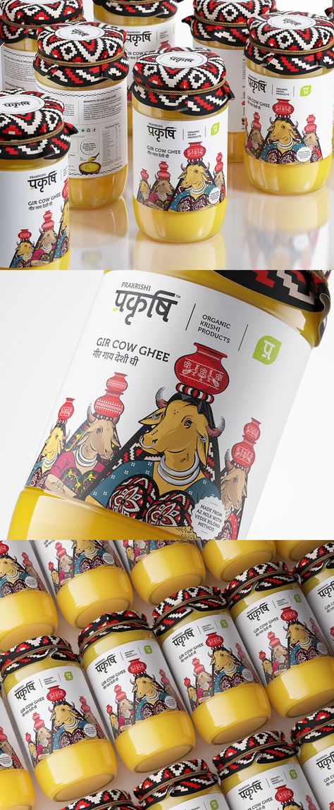 Packaging Design Premium, Bottle Hampers Packaging, Ghee Packaging Design Creative, Desi Ghee Packaging Design, Cow Ghee Packaging Design, Ghee Label Design, Organic Products Packaging, Food Branding Ideas, Pickle Packaging Design