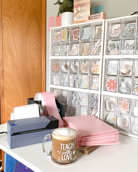 Sticker Storage Drawers, Sticker Business Storage, Sticker Storage Ideas Organizing, Sticker Organization Storage, Sticker Display Ideas Retail, Containers Organization, Stickers Organization, Sticker Organizer, Stackable Drawers