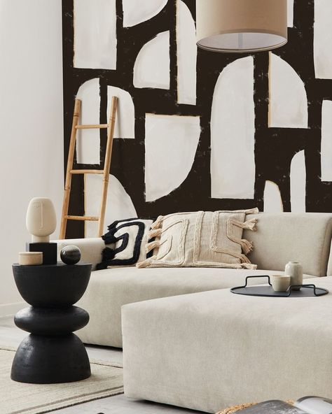 You can never go wrong with a geometrical accent wall for your living room. Do what feels organic to you.⁠ ⁠ Need candles? You have you covered! Check out our vegan candle varieties online at www.rlcdecorlifestyle.com. Pre Pasted Wallpaper, Wall Mural Abstract, Bedroom Neutral, Mural Abstract, Abstract Black And White, Decor Elements, Removable Wall Murals, Wallpaper Removable, Geometric Wallpaper