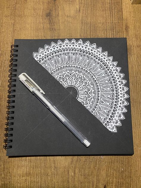 Difficulty: easy 
Materials used: black papers , white marker pens its a circle mandala in progress . Showing half way results. Half Circle Mandala, Circle Mandala, Mandala Design Pattern, Half Circle, Mandala Coloring Pages, Mandala Coloring, Mandala Design, Pattern Design, Coloring Pages