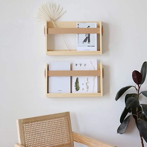 Magazine Rack Wall, Wood Magazine Rack, Leather Strap Shelves, Wall File Holder, Magazine File Holders, Magazine Wall, Wand Organizer, Entryway Office, File Organizer