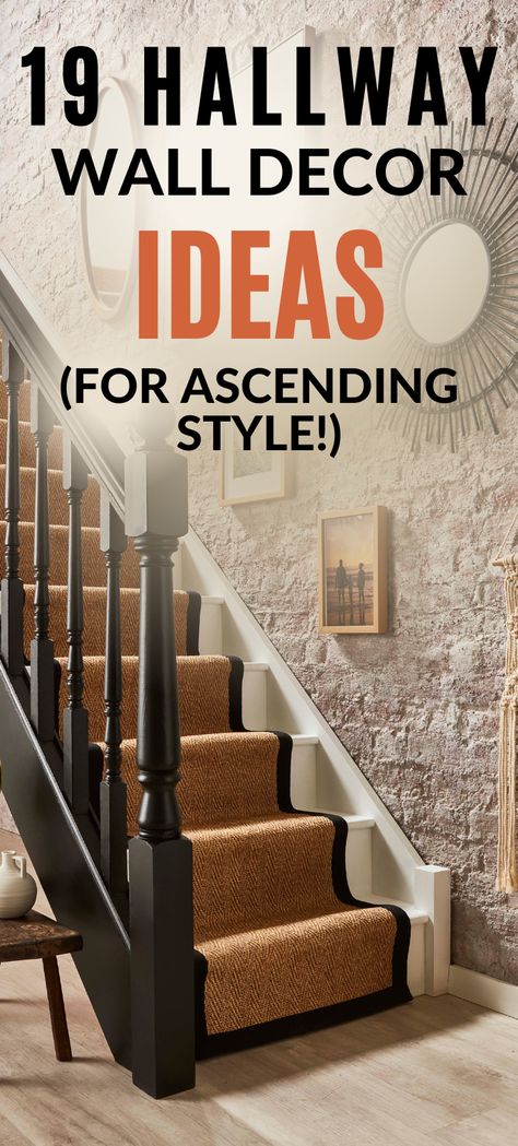 19 hallway wall decor ideas for ascending style, wooden flooring with black bannister and cream carpet stair runner with black border, the wall decor featuring a series of frames and round mirrors on ascending on the stairs. Wall Design For Staircase, Idea For Stairs Wall, Basement Stairs Decorating Ideas, Wall Decor Stairs Stairways, Ideas For Upstairs Landing Area, Big Stairway Wall Decor Ideas, Big Wall Stair Decor Ideas, Tall Entryway Wall Decor Ideas, Stairwell With Wallpaper