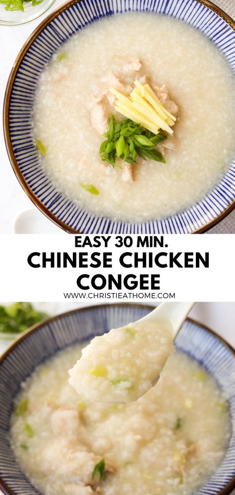 Easy 30-min. Chinese Chicken Congee. A comforting rice porridge with chicken, scallions and ginger that satisfies your taste buds! This congee recipe is so easy and made with simple ingredients. Pressure Cooker Congee, Easy Congee Recipe, Chicken Congee Recipe, Abalone Recipe, Bestie Recipes, Recipe With Ginger, Chicken Congee, Congee Recipe, Chicken Porridge