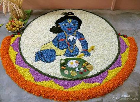 Krishna rangoli Krishna Flower Rangoli, Bal Krishna Rangoli, Krishna Rangoli, God Rangoli, Krishna Design, Rangoli With Flowers, Onam Pookalam Design, Rangoli Flower, Onam Pookalam