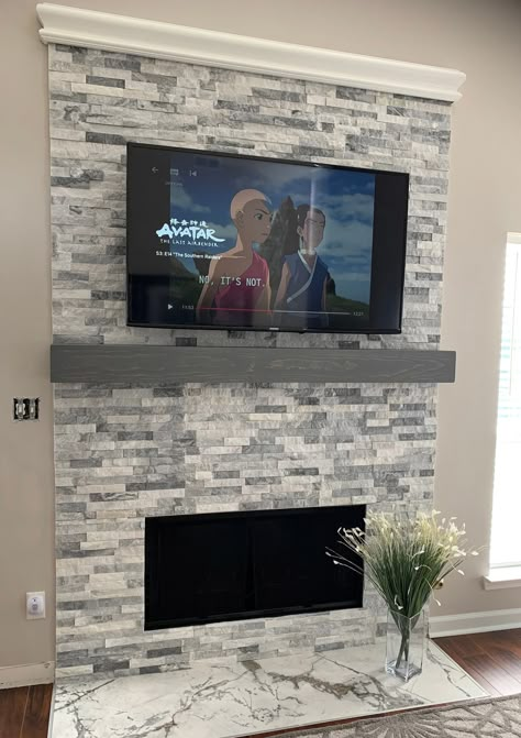 Fireplace Mantle Wood Beam Mantel Mantel Shelf Mantle Beam - Etsy Modern Floating Mantle Fireplace, Salon Foyer Electric Et Tv, Stone Tv Wall Ideas Living Room, Fireplace Mantle Wood, Mantle Beam, Mantle Wood, Floating Shelf Mantle, Grey Stone Fireplace, Beam Fireplace