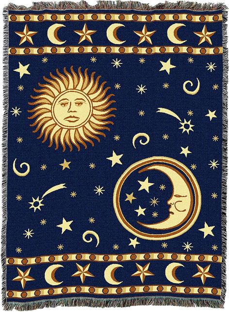 Sun & Moon tapestry in golds and blue, with stars and celestial designs Celestial Room, Moon Blanket, Sun Moon And Stars, Moon Tapestry, Tapestry Blanket, Star Blanket, Witchy Wallpaper, Sun Face, Blanket Diy